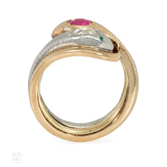 Antique gold and platinum double snake ring with ruby and diamond