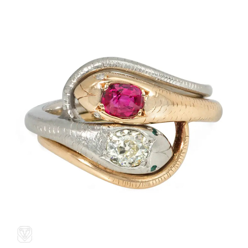 Antique Gold And Platinum Double Snake Ring With Ruby Diamond