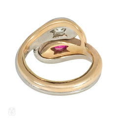 Antique gold and platinum double snake ring with ruby and diamond