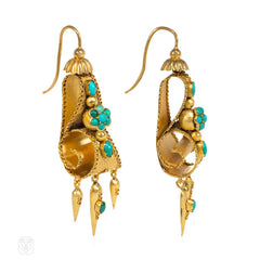 Antique gold and turquoise earrings of scrolling design