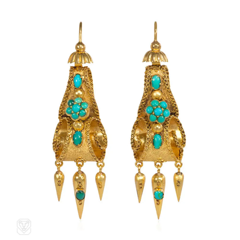 Antique Gold And Turquoise Earrings Of Scrolling Design