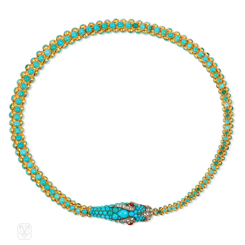 Antique Gold And Turquoise Snake Necklace