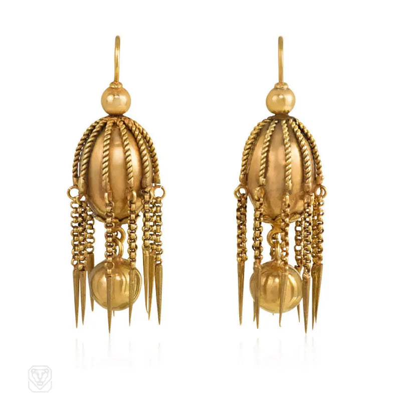 Antique Gold Bead And Fringe Earrings