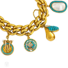 Antique gold bracelet with turquoise and pearl-set charms