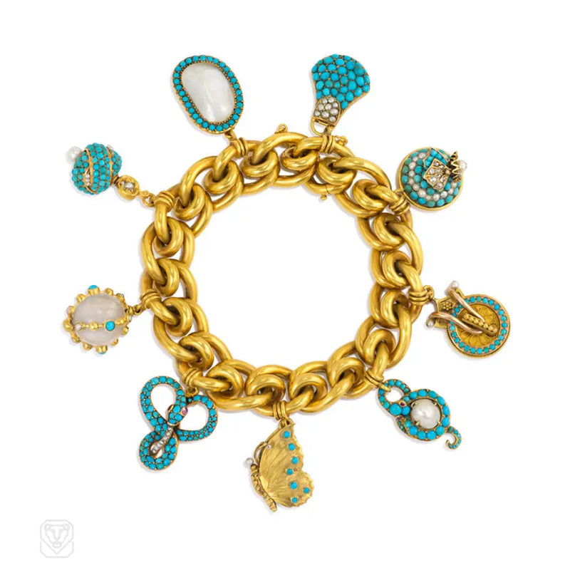 Antique Gold Bracelet With Turquoise And Pearl - Set Charms