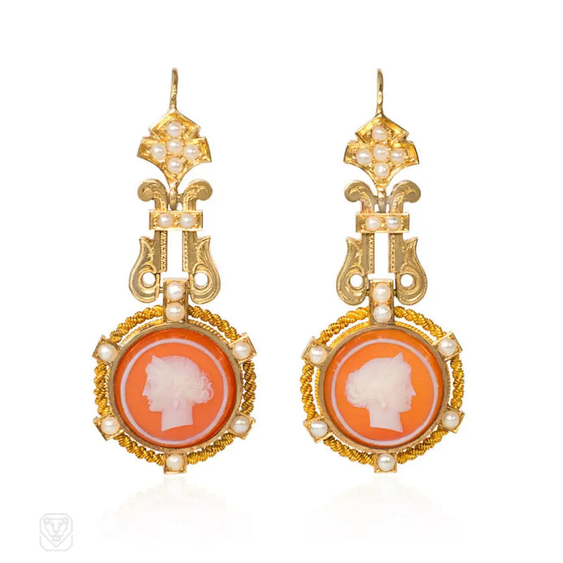 Antique Gold Cameo And Pearl Earrings France