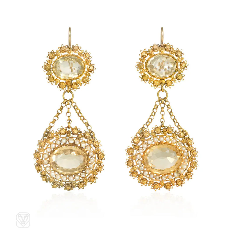 Antique Gold Citrine And Seed Pearl Cannetille Earrings