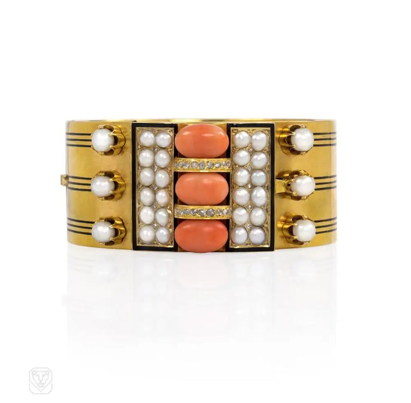 Antique Gold Coral And Enamel Plaque Bracelet