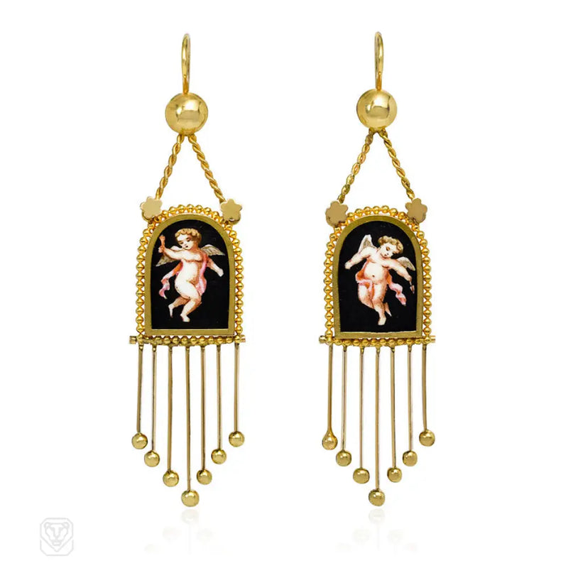 Antique Gold Cupid Pendant Earrings