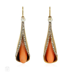 Antique gold, diamond and coral conical pendant earrings