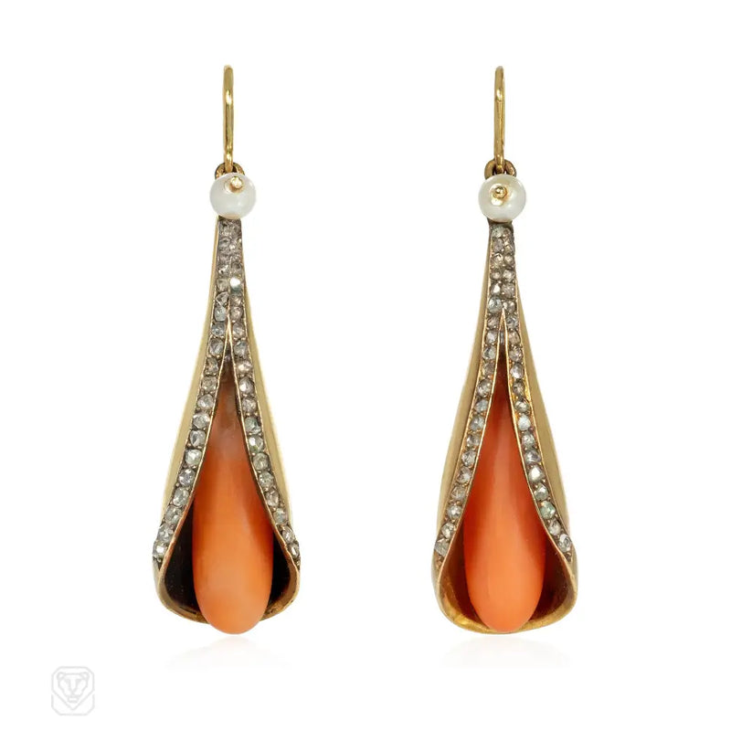 Antique gold diamond and coral conical pendant earrings