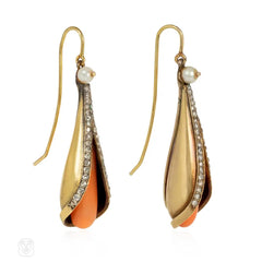 Antique gold, diamond and coral conical pendant earrings