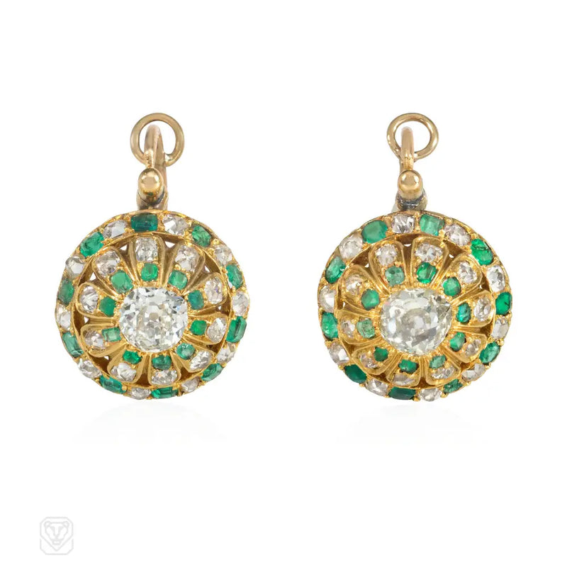 Antique Gold Diamond And Emerald Dormeuse Earrings