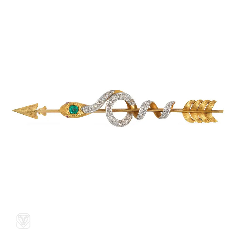 Antique Gold Diamond And Emerald Snake Arrow Brooch