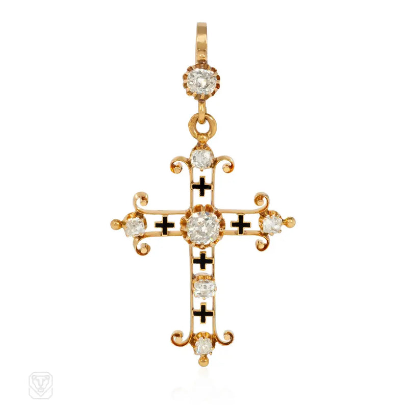 Antique Gold Diamond And Enamel Cross Pendant