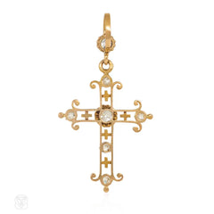 Antique gold, diamond, and enamel cross pendant