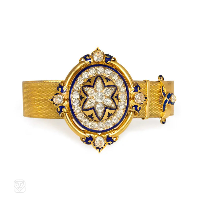 Antique Gold Diamond And Enamel Jarretière Bracelet