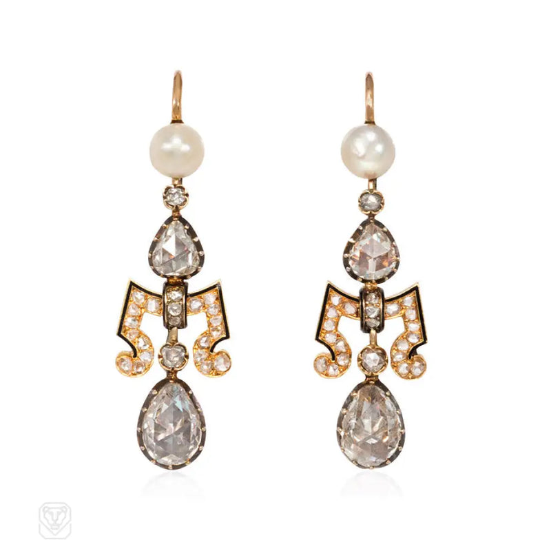 Antique Gold Diamond And Pearl Earrings