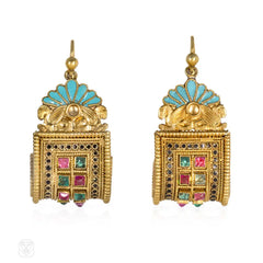 Antique gold, enamel and multigem earrings