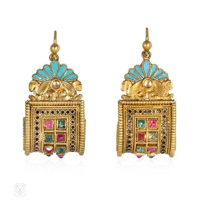 Antique Gold Enamel And Multigem Earrings