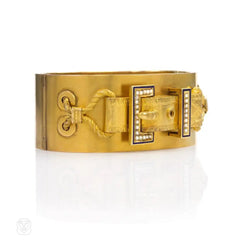 Antique gold, enamel, and pearl buckle bangle