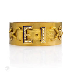 Antique gold, enamel, and pearl buckle bangle