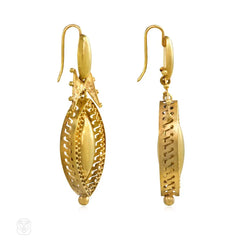 Antique gold Etruscan revival earrings with navette-shaped pendants
