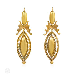 Antique gold Etruscan revival earrings with navette-shaped pendants