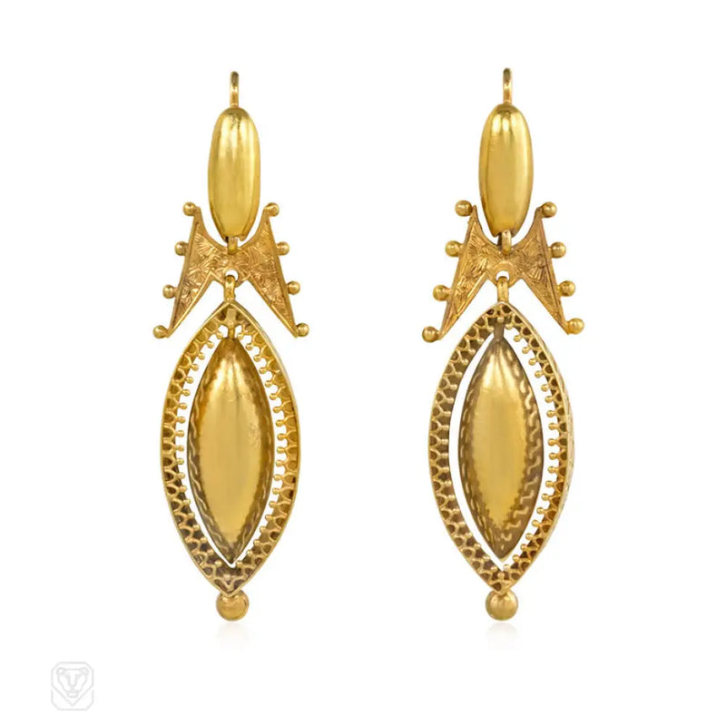 Antique Gold Etruscan Revival Earrings With Navette - Shaped Pendants