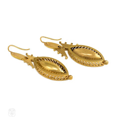 Antique gold Etruscan revival earrings with navette-shaped pendants