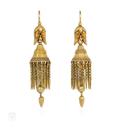 Antique gold Etruscan Revival tassel fringe earrings