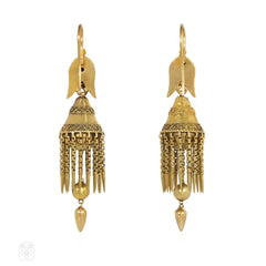 Antique gold Etruscan Revival tassel fringe earrings