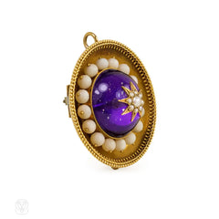 Antique gold, foiled amethyst, coral, and pearl target brooch