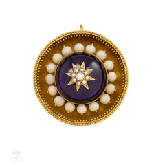 Antique gold, foiled amethyst, coral, and pearl target brooch