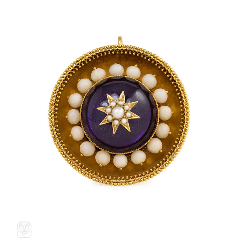 Antique Gold Foiled Amethyst Coral And Pearl Target Brooch