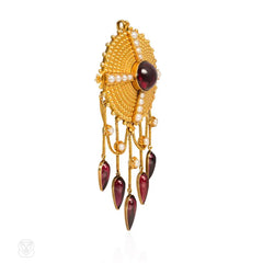 Antique gold, garnet and pearl pendant brooch