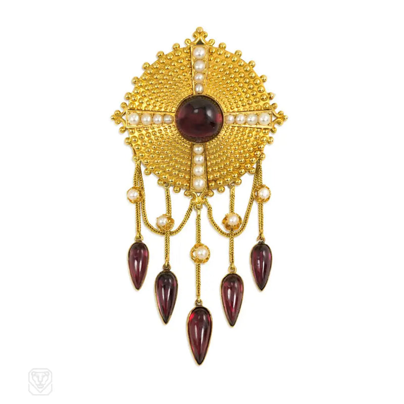 Antique Gold Garnet And Pearl Pendant Brooch