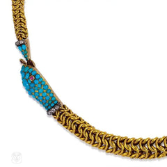 Antique gold gemset Ouroboros snake necklace