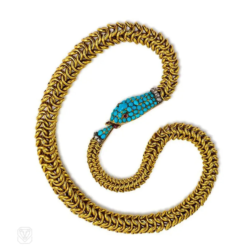 Antique Gold Gemset Ouroboros Snake Necklace