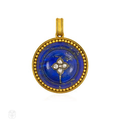 Antique gold, lapis and diamond locket pendant