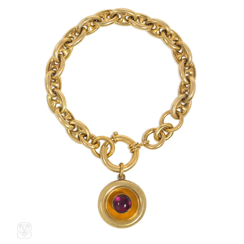Antique Gold Mariner Link Bracelet With Garnet Charm