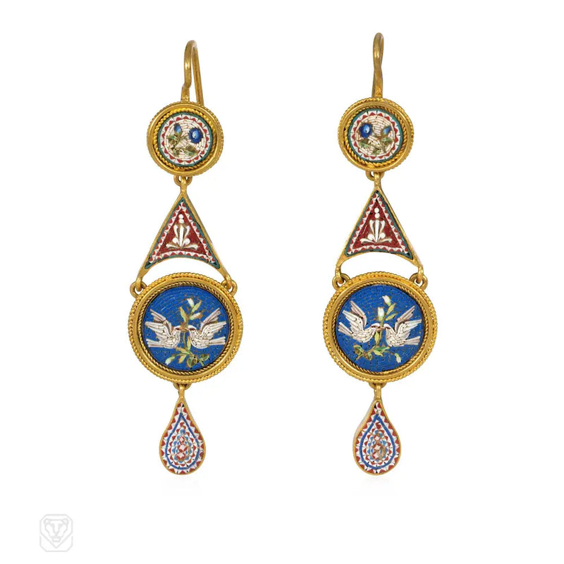 Antique Gold Micromosaic Earrings With Doves Vatican