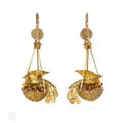 Antique gold nesting bird earrings