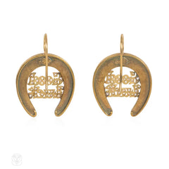 Antique gold, pearl, and diamond horseshoe motif earrings