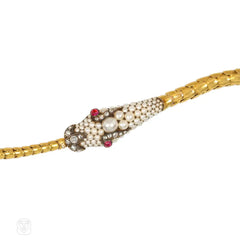 Antique gold, pearl and ruby snake necklace