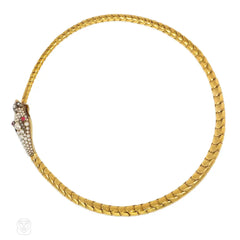 Antique gold, pearl and ruby snake necklace