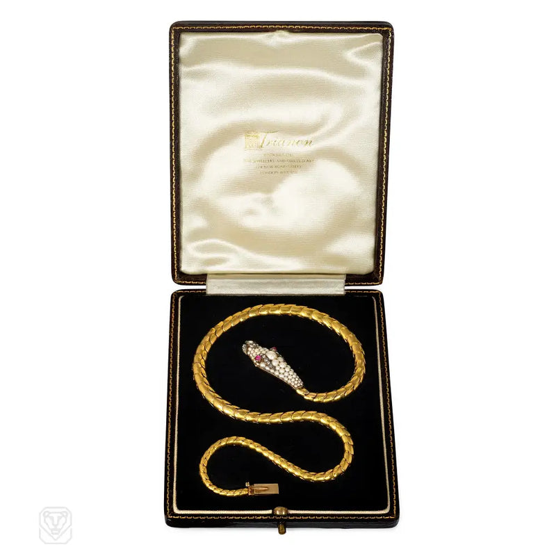 Antique gold pearl and ruby snake necklace