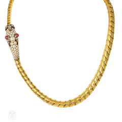 Antique gold, pearl and ruby snake necklace