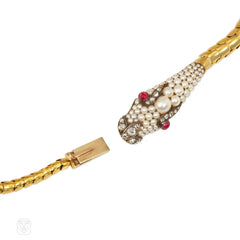 Antique gold, pearl and ruby snake necklace