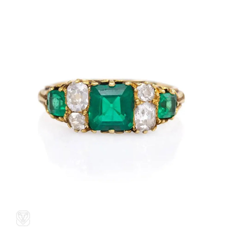 Antique Gold Ring Set With Emeralds And Old Mine Diamonds